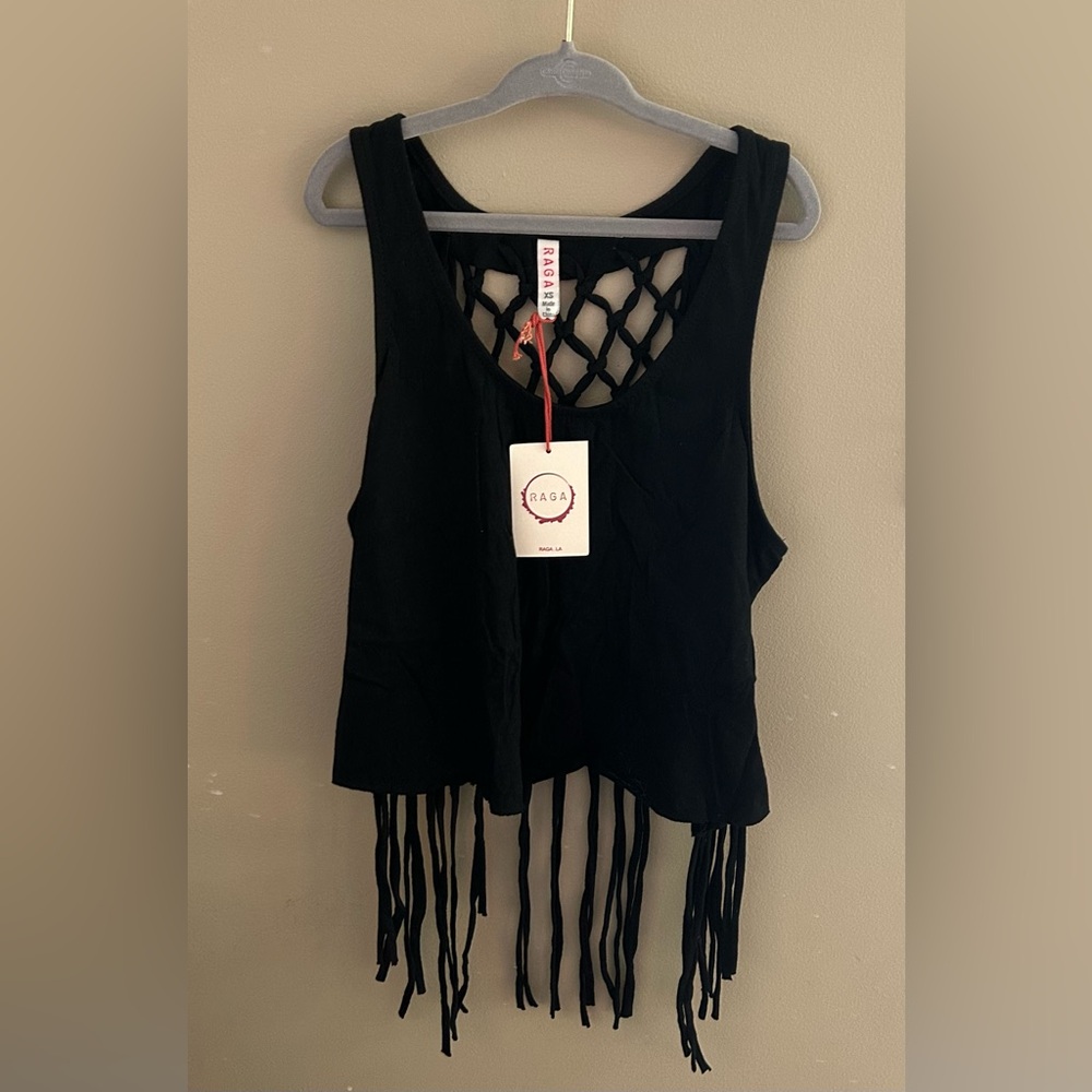 RAGA Black Fringe Tank with Lattice Back